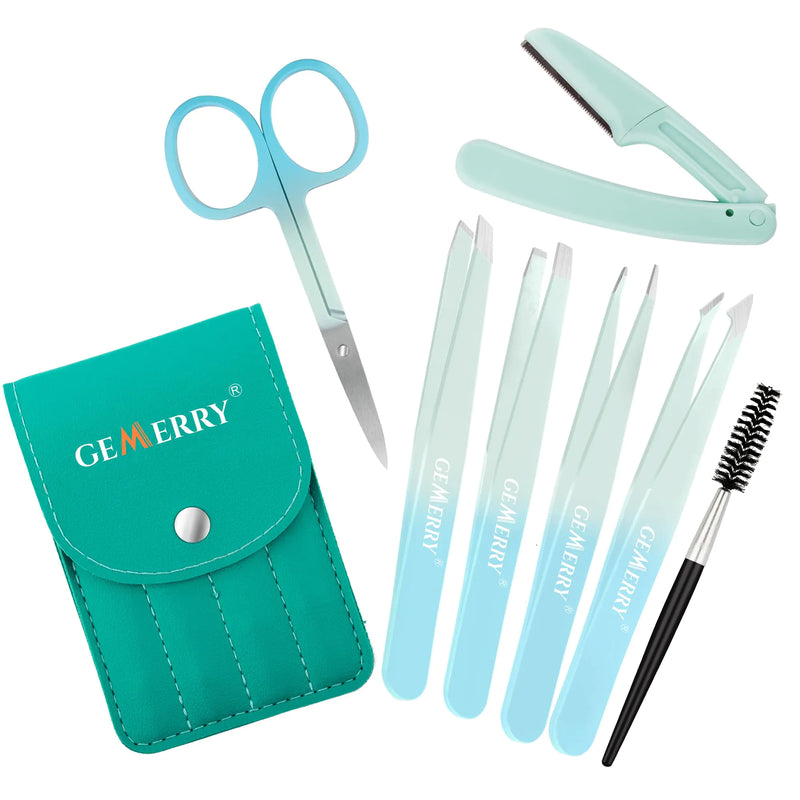 GEMERRY Eyebrow Tweezer Set 7 Pcs Lash Tweezers Set for Women Precision Tweezer for Eyebrows with Curved Scissors and Eyebrow Razor and Lashes Brush for Ingrown Hair Stainless Steel Eyelash Tweezers