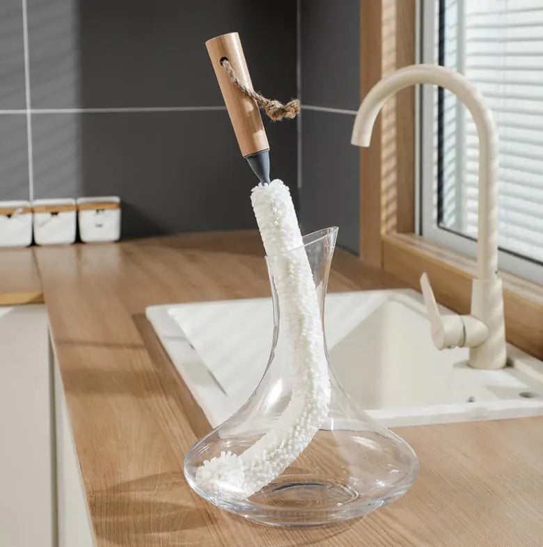 Nenluny Wooden Handle Decanter Brush Wine Glass Cleaning Brush Long Bottle Brush Cleaner Flexible Bottle Scourer for Decanters Goblets Glasses Cups